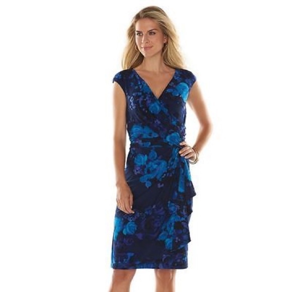 Chaps Dresses & Skirts - CHAPS Women’s Blue Floral Surplice Faux Wrap Dress